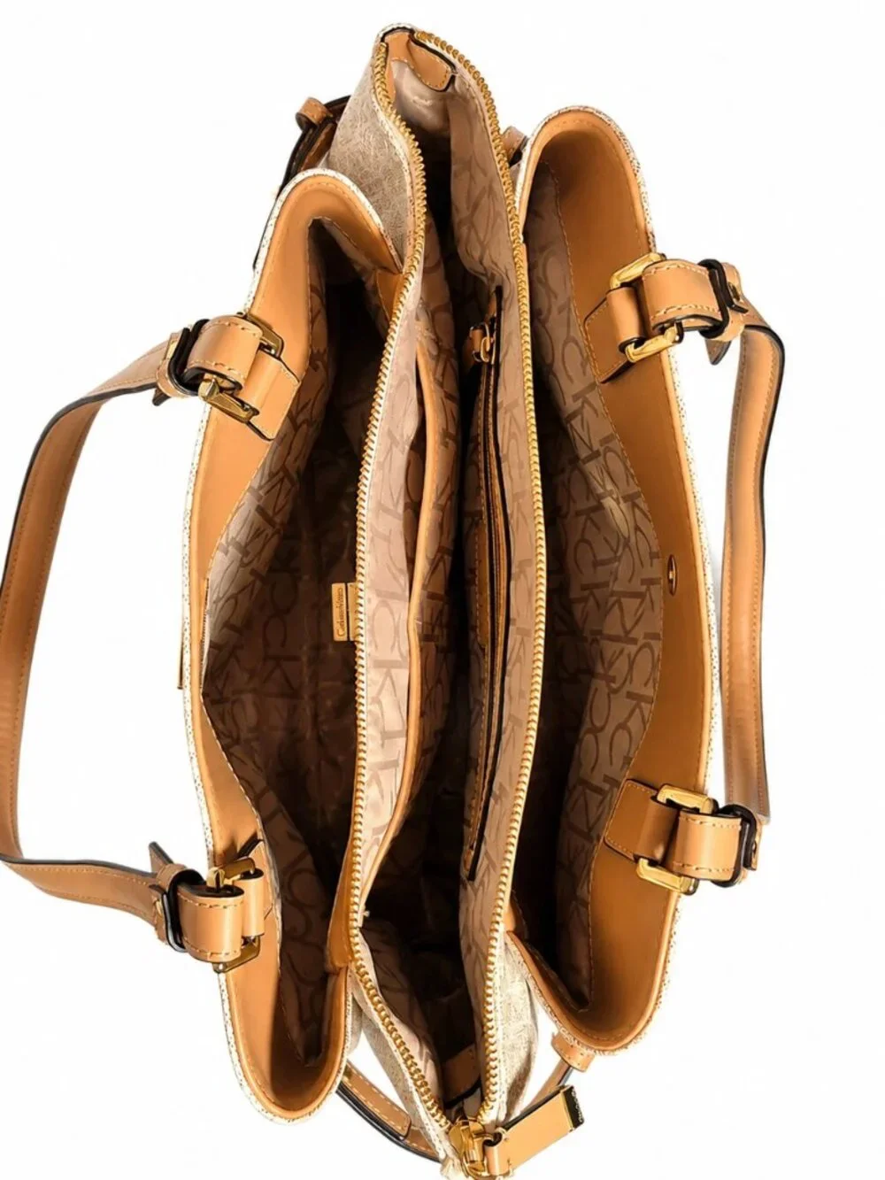 Calvin Klein CK Monogram Beige Tan Shoulder Bag Satchel Purse Gold Hardware
